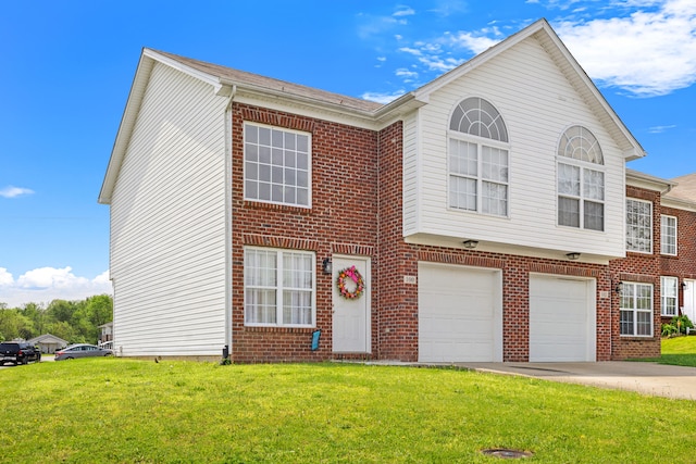 view of property featuring concrete driveway, brick siding, and a front lawn