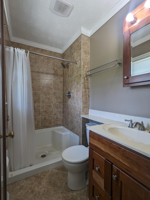 full bath with vanity, toilet, visible vents, ornamental molding, and a stall shower
