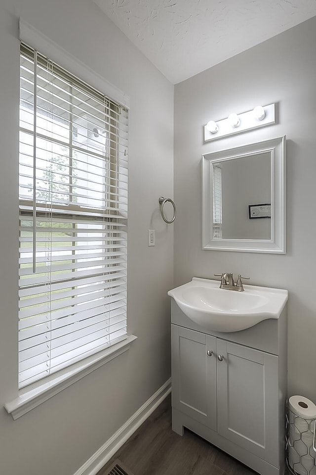 132 Mason Springs Dr, Nicholasville, KY 40356 - bathroom with vanity, wood finished floors, and baseboards