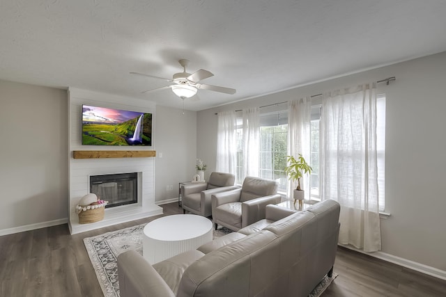 132 Mason Springs Dr, Nicholasville, KY 40356 - living room with ceiling fan, baseboards, wood finished floors, and a large fireplace
