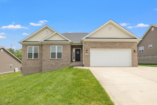 single story home with a garage, a front yard, driveway, and brick siding
