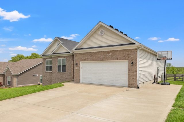 view of front of home with brick siding, crawl space, driveway, and a garage