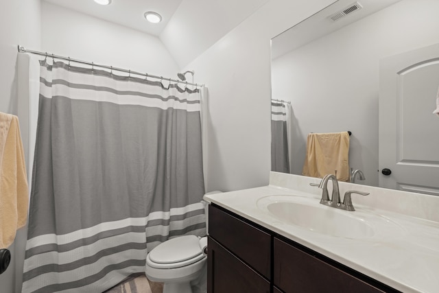 full bathroom with vanity, toilet, recessed lighting, vaulted ceiling, and visible vents