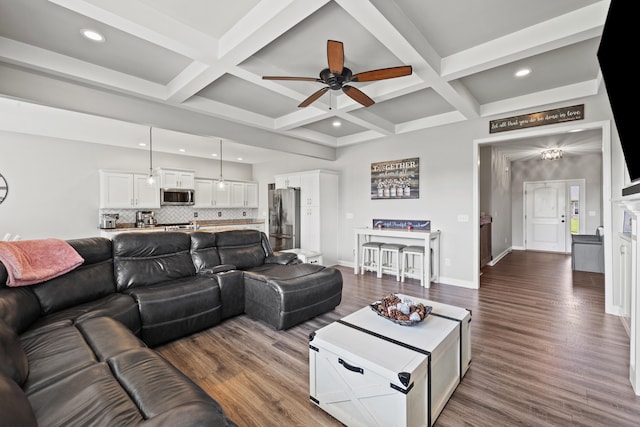 living room featuring coffered ceiling, a ceiling fan, dark wood-style floors, and beam ceiling