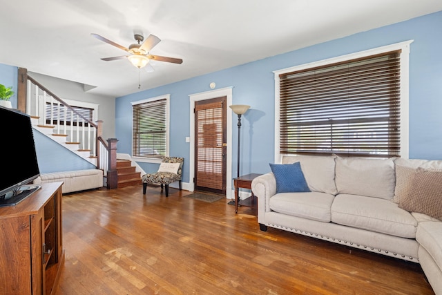 123 Baughman Ave, Danville, KY 40422 - living room with a ceiling fan, wood finished floors, and stairway