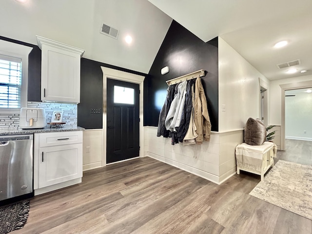 11 Marco Island Dr, Somerset, KY 42503 - foyer entrance with light wood-type flooring, wainscoting, and vaulted ceiling