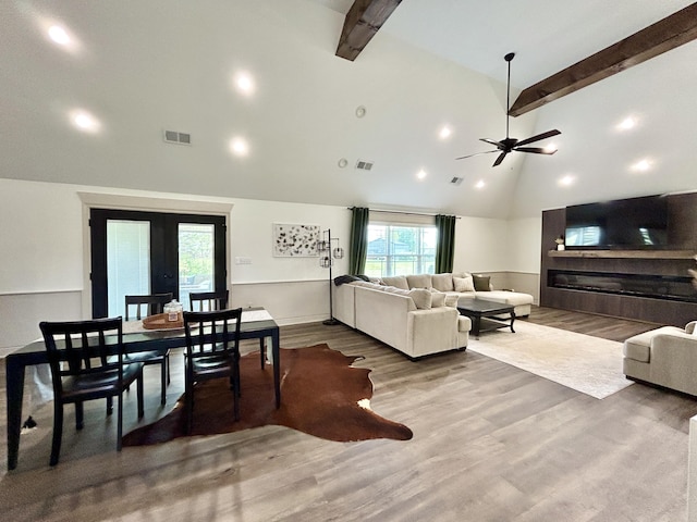 11 Marco Island Dr, Somerset, KY 42503 - living area featuring beam ceiling, ceiling fan, wood finished floors, french doors, and high vaulted ceiling
