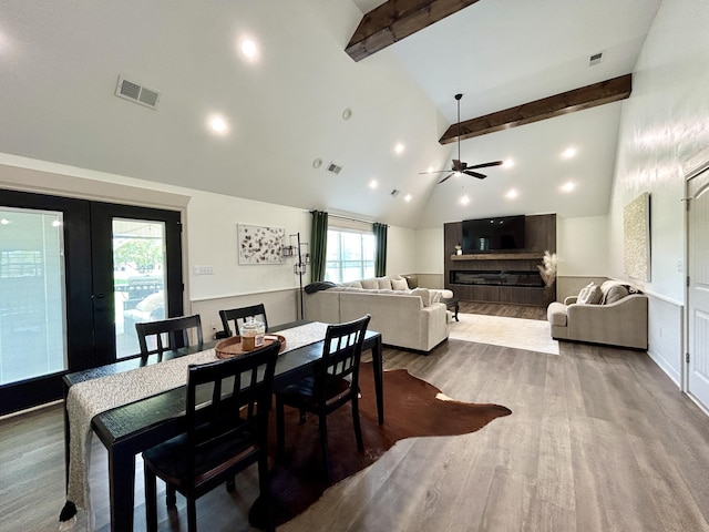 11 Marco Island Dr, Somerset, KY 42503 - dining area featuring beamed ceiling, ceiling fan, wood finished floors, high vaulted ceiling, and french doors