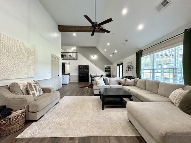 11 Marco Island Dr, Somerset, KY 42503 - living room featuring high vaulted ceiling, wood finished floors, ceiling fan, beamed ceiling, and a wainscoted wall