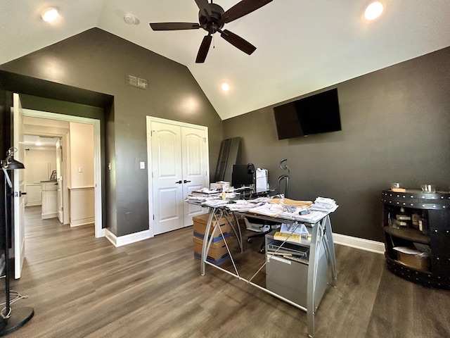 11 Marco Island Dr, Somerset, KY 42503 - office area featuring ceiling fan, dark wood-type flooring, baseboards, recessed lighting, and high vaulted ceiling