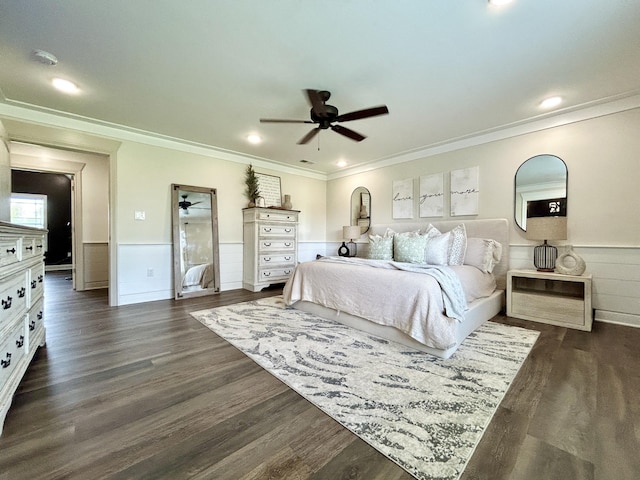 11 Marco Island Dr, Somerset, KY 42503 - bedroom with a wainscoted wall, ornamental molding, dark wood-style floors, recessed lighting, and a ceiling fan