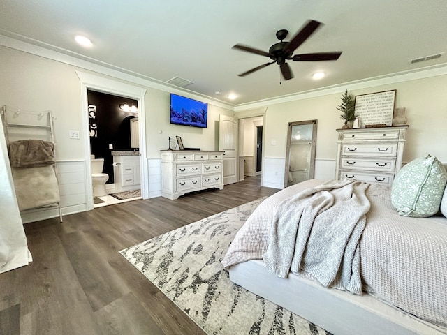 11 Marco Island Dr, Somerset, KY 42503 - bedroom featuring crown molding, wood finished floors, a wainscoted wall, connected bathroom, and a ceiling fan
