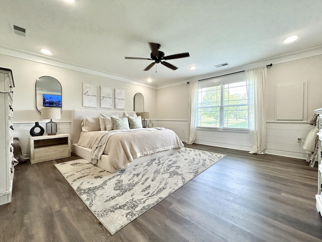 11 Marco Island Dr, Somerset, KY 42503 - bedroom featuring crown molding, dark wood-style flooring, a wainscoted wall, recessed lighting, and ceiling fan