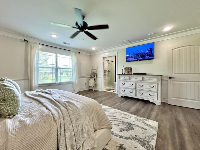 11 Marco Island Dr, Somerset, KY 42503 - bedroom with crown molding, dark wood-style flooring, ensuite bathroom, a ceiling fan, and recessed lighting
