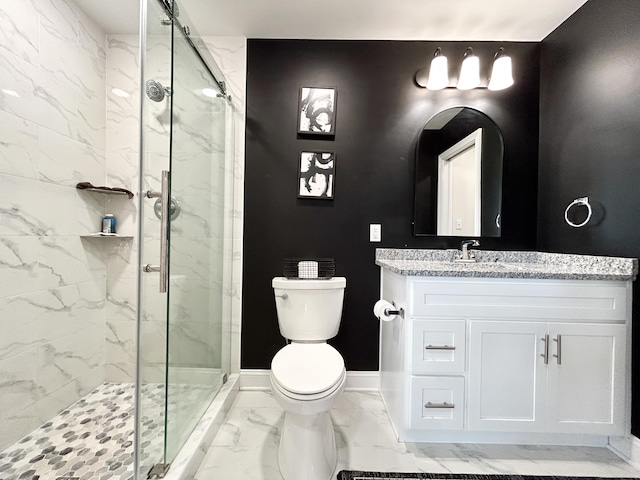 11 Marco Island Dr, Somerset, KY 42503 - bathroom featuring marble look tile flooring, a marble finish shower, toilet, vanity, and baseboards