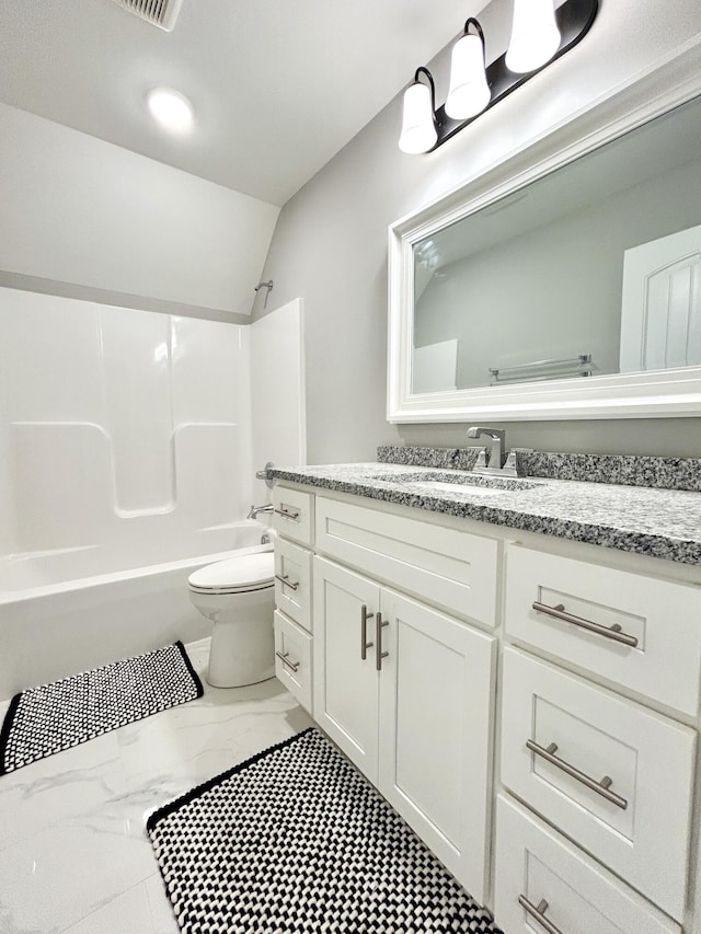 11 Marco Island Dr, Somerset, KY 42503 - full bath with toilet,  shower combination, vanity, marble look tiles, and vaulted ceiling