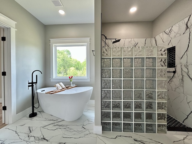 108 Patriot Dr, Science Hill, KY 42553 - bathroom featuring walk in shower, a soaking tub, baseboards, recessed lighting, and marble finish flooring