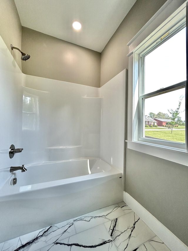108 Patriot Dr, Science Hill, KY 42553 - full bathroom with marble look tiles, bathtub / shower combination, baseboards, and recessed lighting