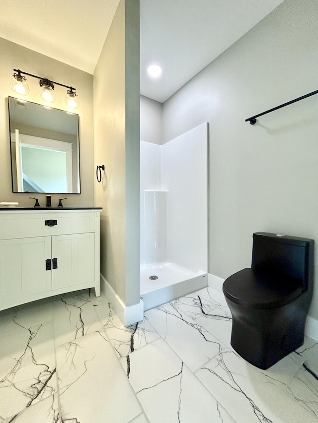 108 Patriot Dr, Science Hill, KY 42553 - full bathroom featuring baseboards, a walk in shower, marble look tiles, toilet, and recessed lighting
