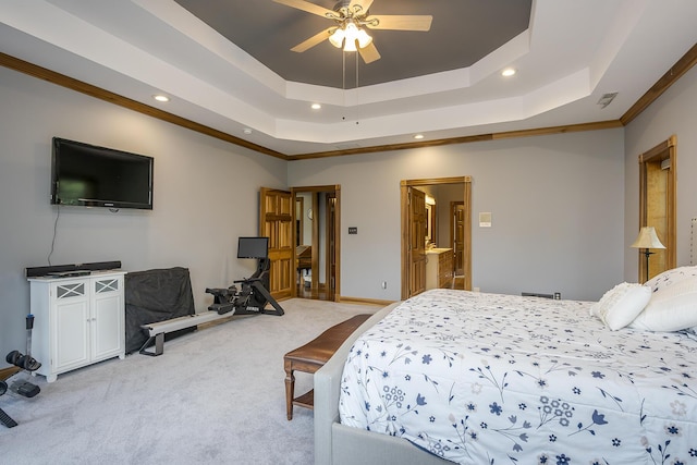 bedroom with crown molding, baseboards, light carpet, a tray ceiling, and recessed lighting
