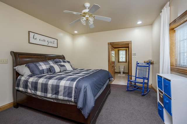 carpeted bedroom featuring recessed lighting, baseboards, and ceiling fan