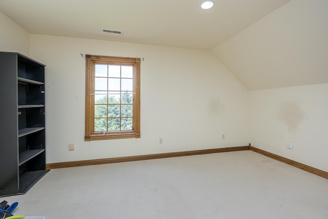 bonus room with carpet floors, recessed lighting, baseboards, vaulted ceiling, and visible vents