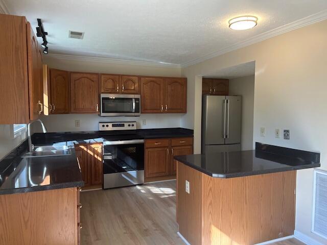 kitchen with ornamental molding, dark countertops, a sink, light wood finished floors, and stainless steel appliances