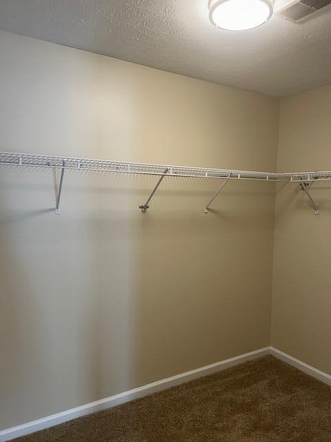 walk in closet with dark colored carpet and visible vents
