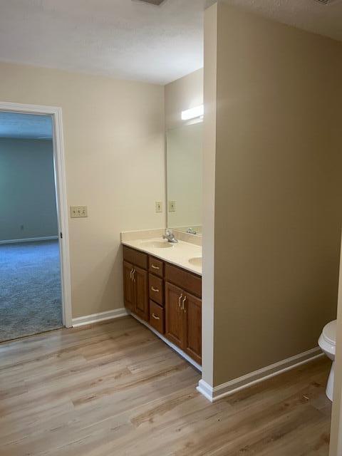 bathroom featuring a sink, double vanity, toilet, baseboards, and wood finished floors