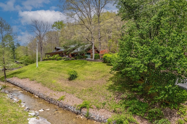 view of grassy yard featuring a forest view