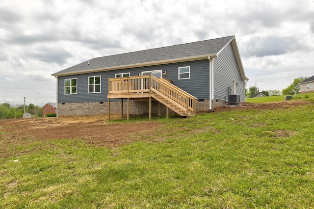 rear view of house featuring crawl space, a wooden deck, central AC unit, a yard, and stairs