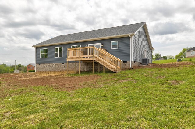 138 Sande Ridge Ln, Mt Sterling, KY 40353 - rear view of house featuring crawl space, a wooden deck, central AC unit, a yard, and stairs