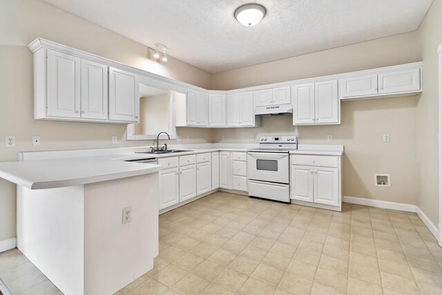 kitchen with white electric range, a sink, light countertops, a peninsula, and under cabinet range hood