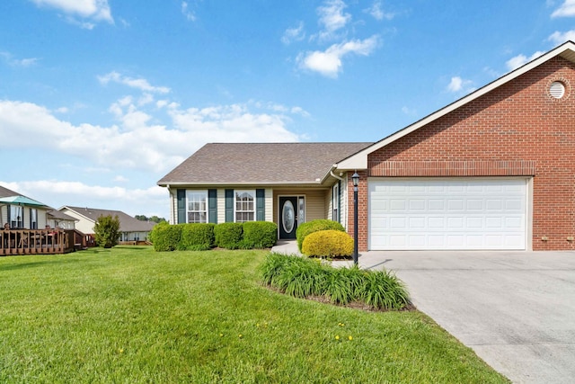 single story home featuring a front lawn, brick siding, a shingled roof, concrete driveway, and an attached garage