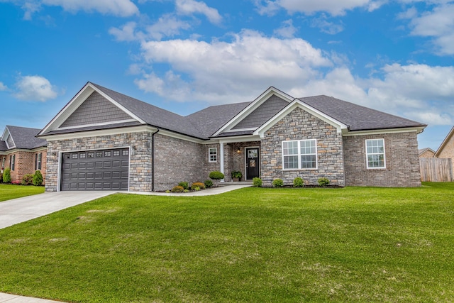 view of front facade with concrete driveway, stone siding, a garage, and a shingled roof