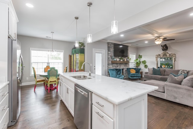 1035 Vineyard Way, Berea, KY 40403 - kitchen with stainless steel appliances, a sink, a stone fireplace, open floor plan, and dark wood-style floors
