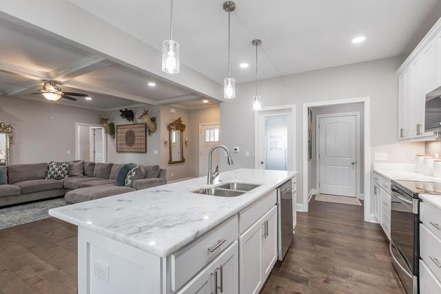 1035 Vineyard Way, Berea, KY 40403 - kitchen featuring a sink, appliances with stainless steel finishes, white cabinetry, ceiling fan, and open floor plan