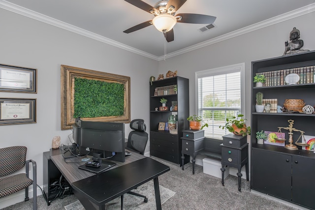 1035 Vineyard Way, Berea, KY 40403 - home office featuring ornamental molding, a ceiling fan, carpet floors, and baseboards