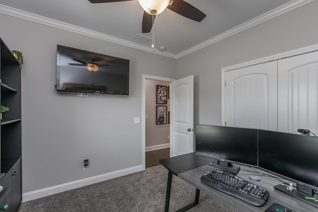 1035 Vineyard Way, Berea, KY 40403 - carpeted home office featuring a ceiling fan, ornamental molding, and baseboards