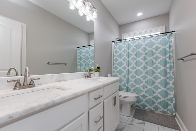 1035 Vineyard Way, Berea, KY 40403 - bathroom with marble look tile flooring, toilet, double vanity, and a shower with curtain