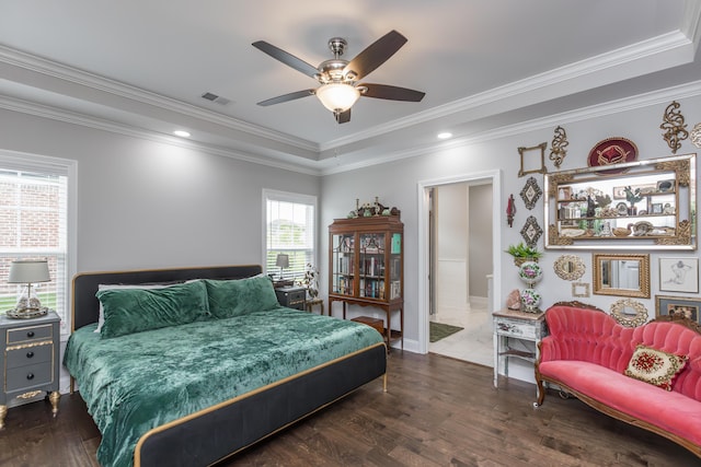 1035 Vineyard Way, Berea, KY 40403 - bedroom with a tray ceiling, crown molding, wood finished floors, recessed lighting, and ceiling fan
