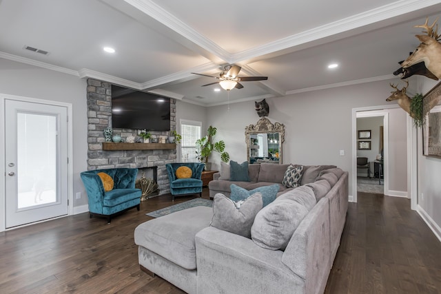 1035 Vineyard Way, Berea, KY 40403 - living area featuring ceiling fan, crown molding, a fireplace, baseboards, and dark wood-style flooring