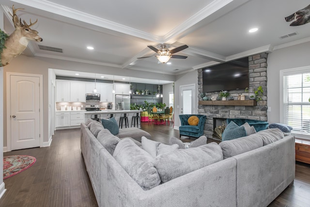 1035 Vineyard Way, Berea, KY 40403 - living area with a ceiling fan, ornamental molding, dark wood finished floors, beam ceiling, and baseboards