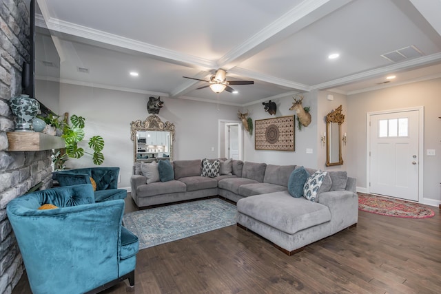 1035 Vineyard Way, Berea, KY 40403 - living area with dark wood-type flooring, ceiling fan, beam ceiling, crown molding, and recessed lighting