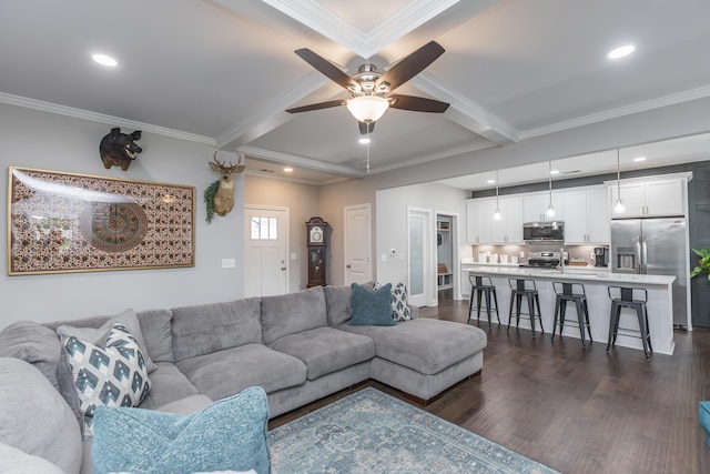 1035 Vineyard Way, Berea, KY 40403 - living area with dark wood finished floors, ceiling fan, beamed ceiling, crown molding, and recessed lighting
