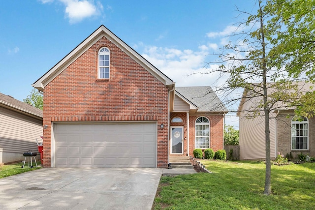 traditional-style home with concrete driveway, brick siding, a garage, and a front lawn