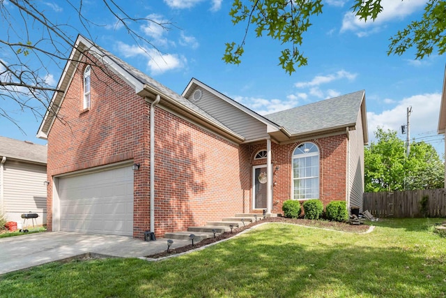 view of front of home featuring fence, a front yard, brick siding, concrete driveway, and an attached garage