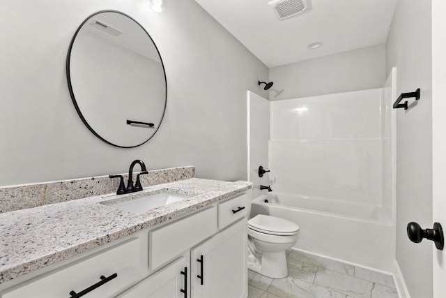 full bath with toilet, visible vents, marble finish floor, and vanity