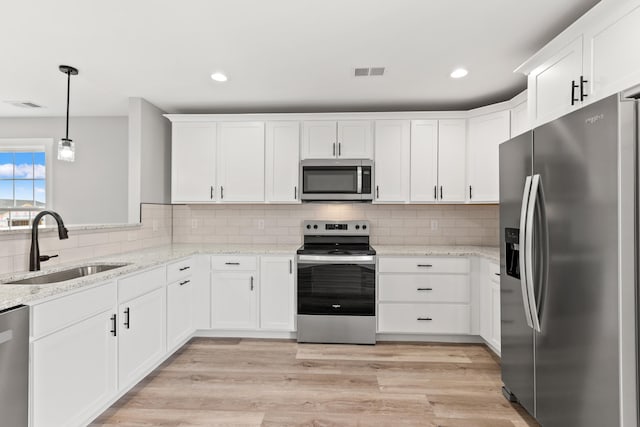 kitchen with a sink, appliances with stainless steel finishes, white cabinets, and visible vents