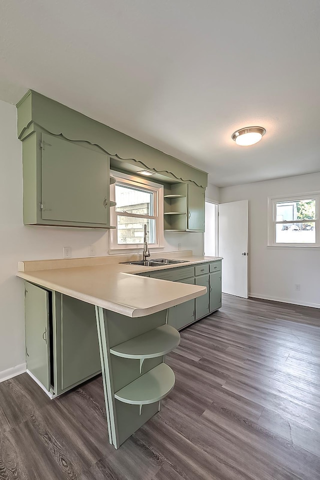 114 Cave Springs Dr, Lancaster, KY 40444 - kitchen featuring open shelves, green cabinetry, a sink, dark wood finished floors, and plenty of natural light